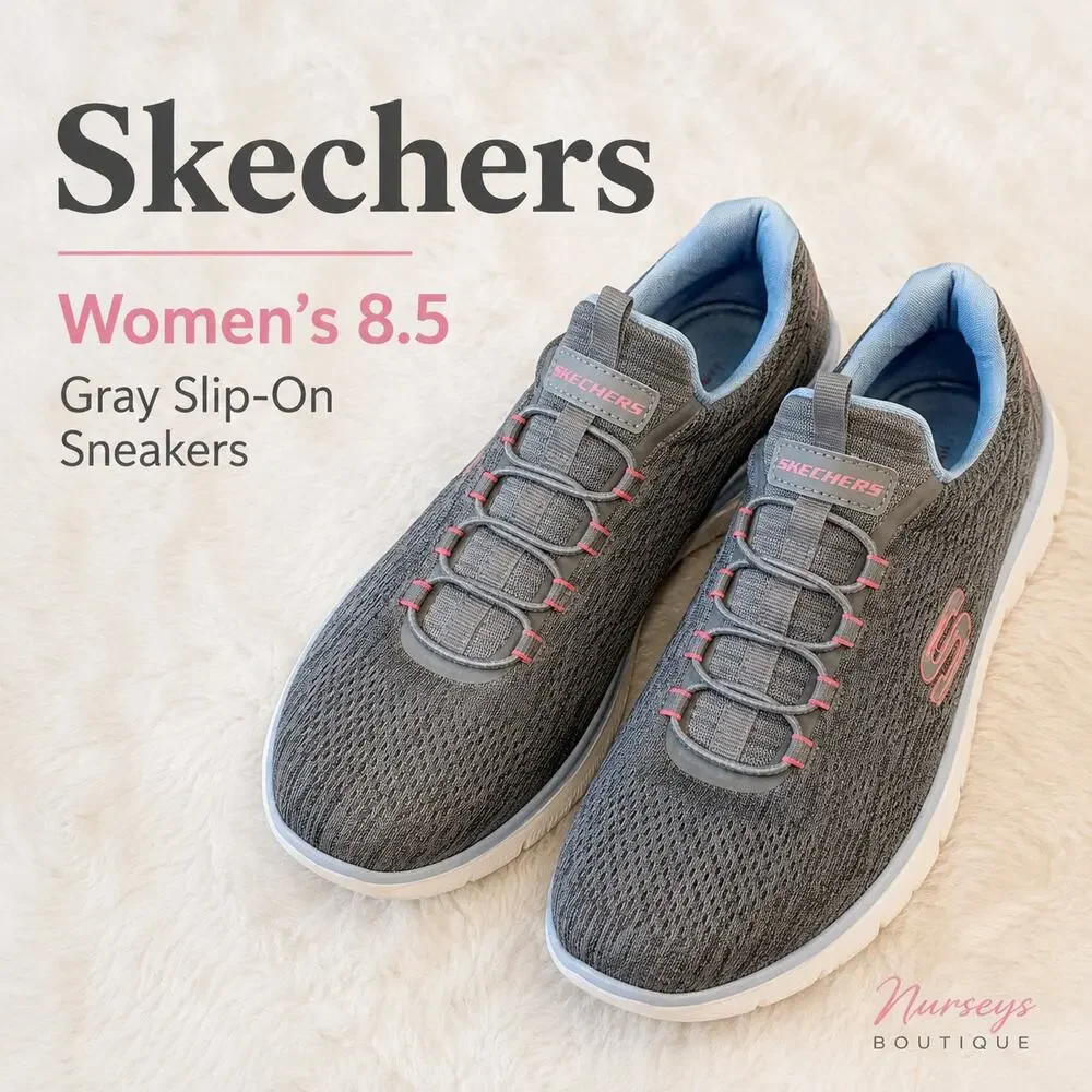 Skechers 8.5 Gray Pink Memory Foam Slip On Walking Sneakers